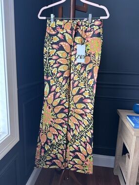 ZARA Floral Paisley Straight Flare Leg Trousers - Black with Pink & Yellow XS